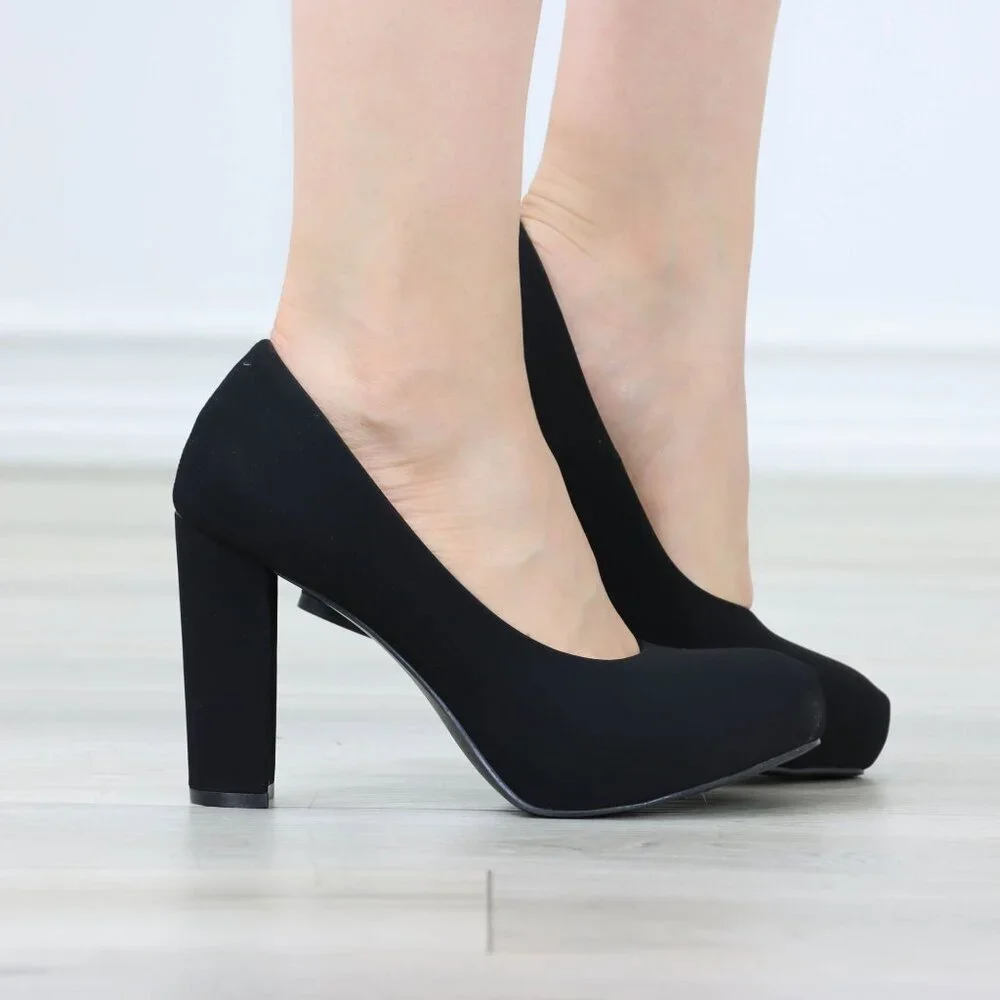 Black Block Heel Pumps Closed Toe Slip On High Heel Classic Style - Picture 3 of 12
